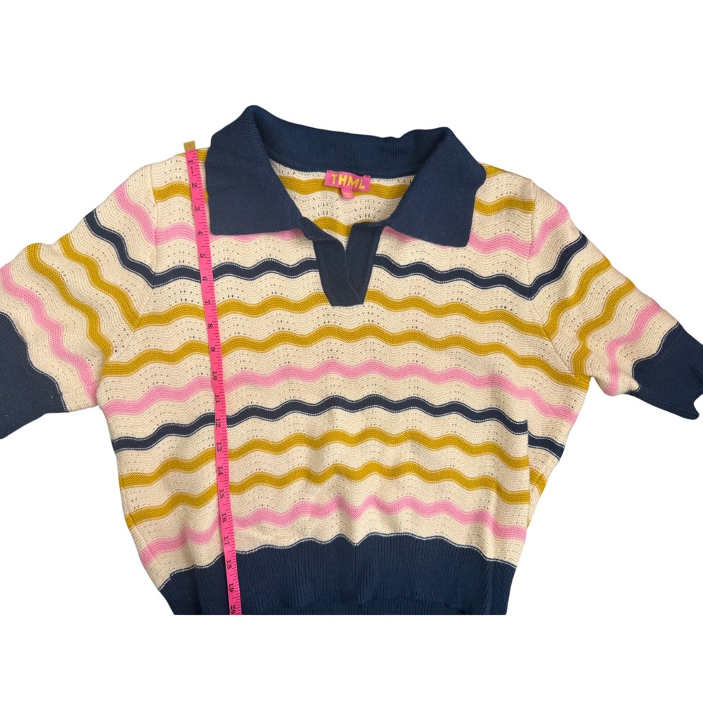 THML Multi Color Wavy Stripe Knit Polo Top Navy Pink Mustard Short Sleeve Large - Picture 5 of 5
